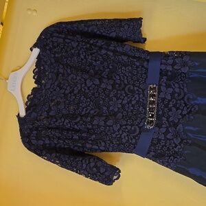 Stunning midnight blue lace gown with jeweled sash belt and * 5 layered skirt *